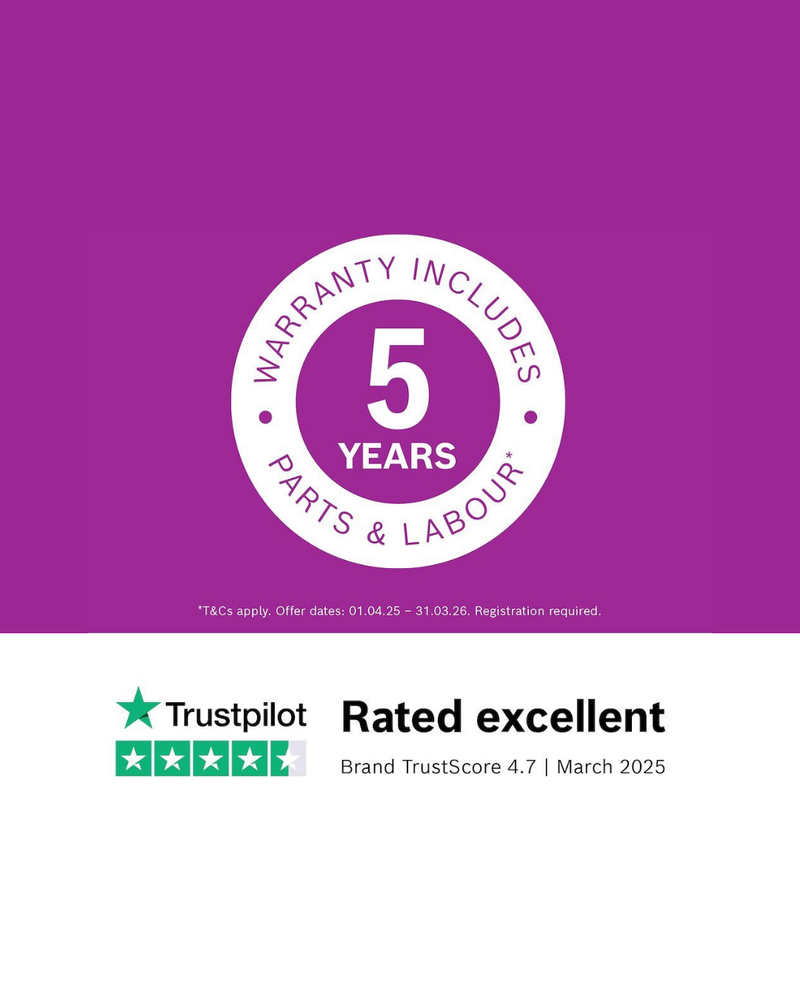 Warranty information with '5 years' label on a purple background, featuring Trustpilot rating.