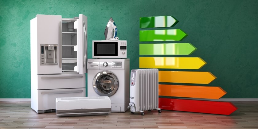 Energy-efficient electrical appliances Northern Ireland homes trust, including fridge freezer, washing machine, microwave, heater and energy rating scale display.