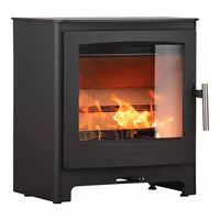 Black freestanding fireplace with glass door showing flames inside