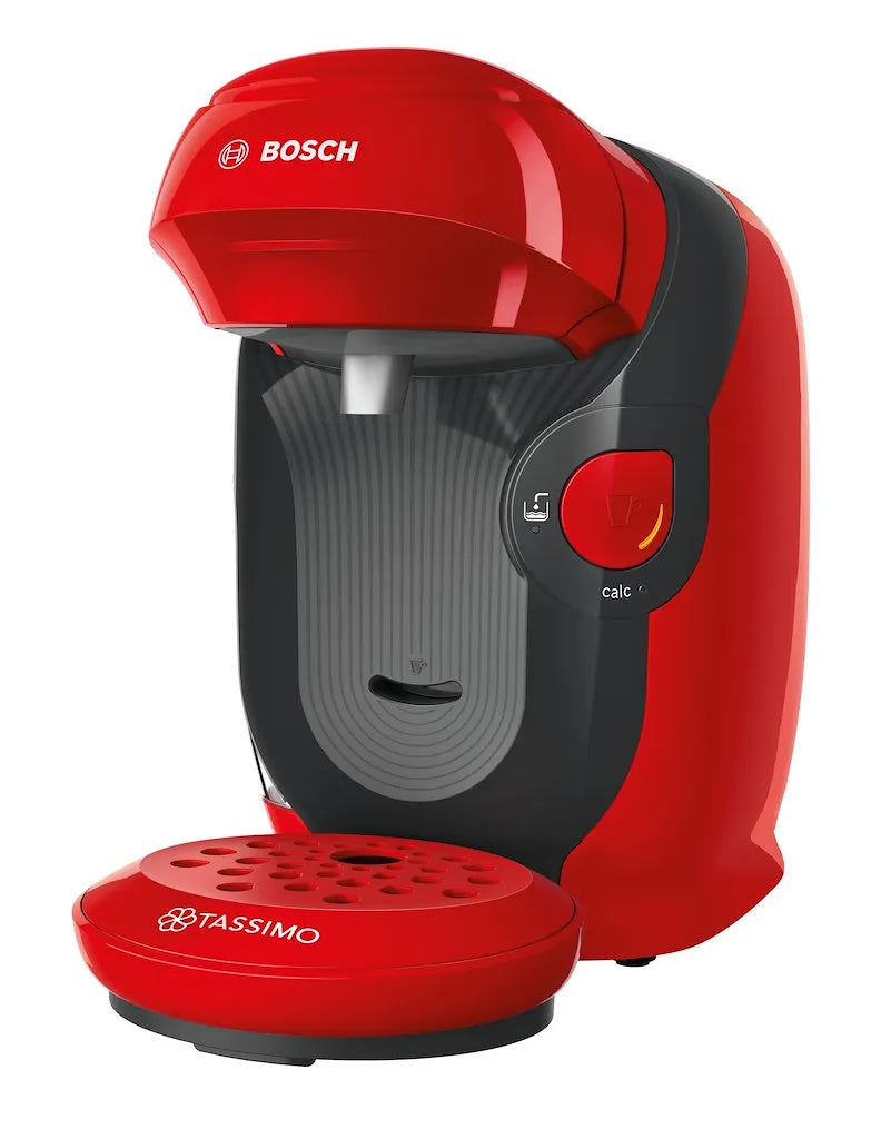 Red and black Tassimo coffee machine with Bosch branding on a white background