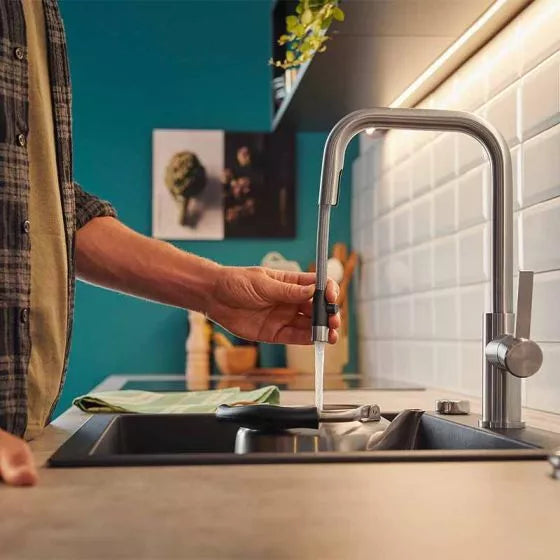 Blanco JANDORA-S Pull-Out J-Shaped Spout Solid Kitchen Tap - Brushed Stainless Steel - 526614