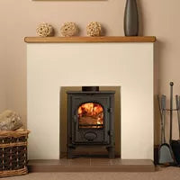 Wood-burning stove in a room with decorative elements