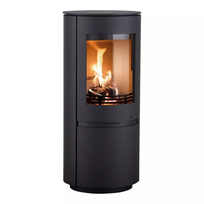 Black freestanding stove with visible flames on a white background
