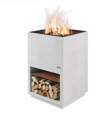 Modern outdoor fire pit with burning flames and stacked logs on a white background