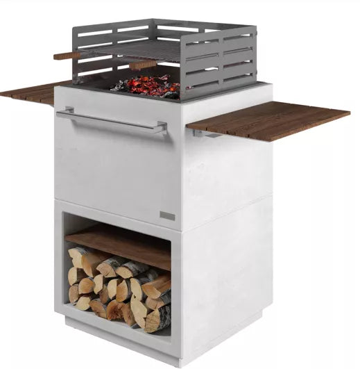 Outdoor barbecue grill with wooden shelves and firewood storage on a white background