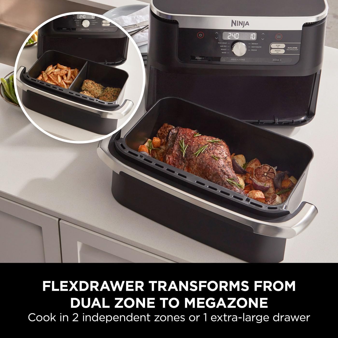 Ninja flexdrawer kitchen appliance with food inside on a countertop