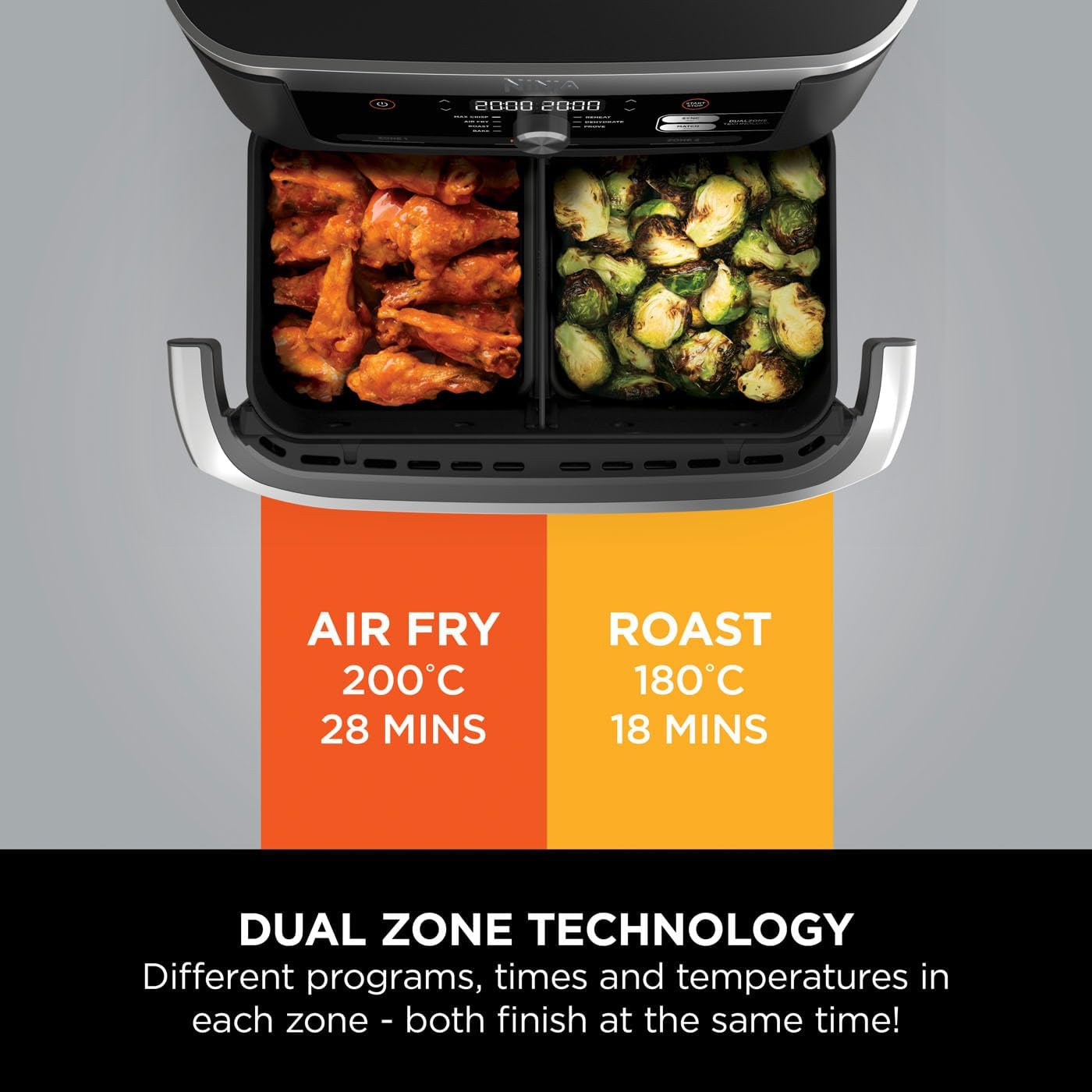 Air fryer with two compartments showing air frying chicken wings and roasting vegetables, with text indicating cooking times and temperatures.