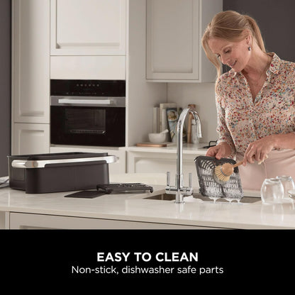 Woman cleaning kitchen counter with text 'Easy to Clean' and 'Non-stick, dishwasher safe parts'.