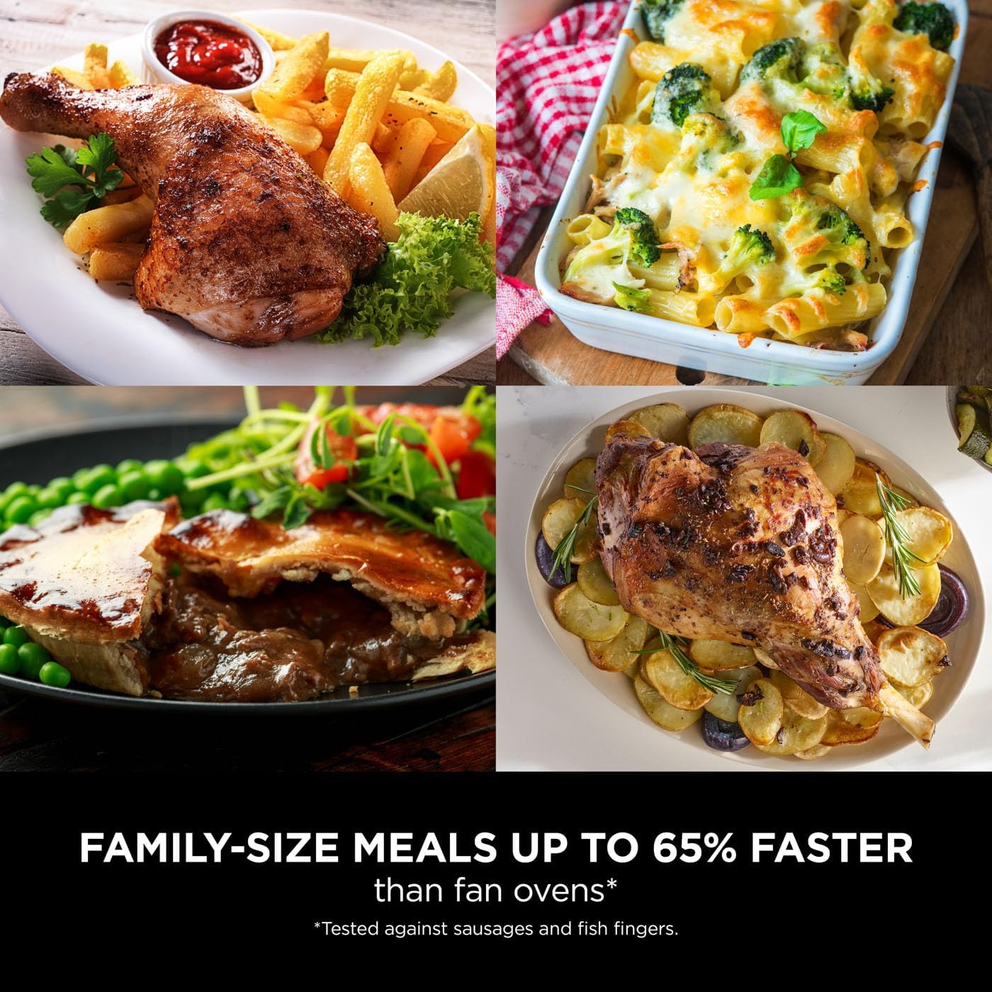 Collage of family-size meals with text about faster cooking times.