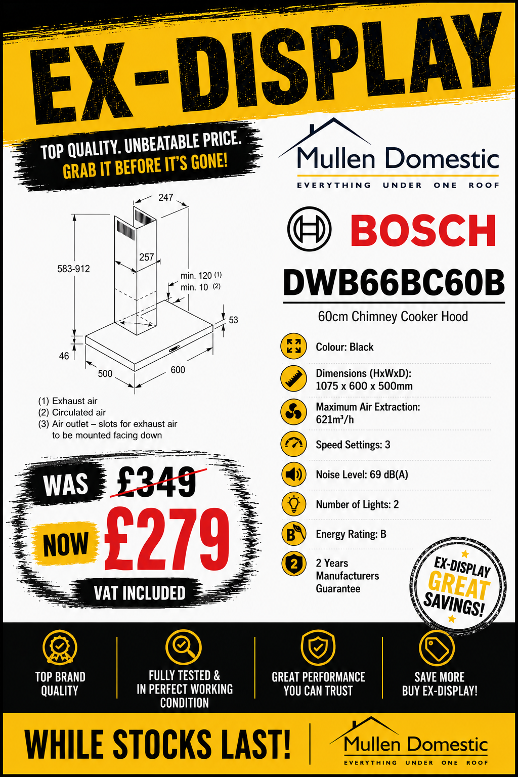 *DISPLAY* Bosch DWB66BC60B Series 2 60cm Chimney Cooker Hood - Black