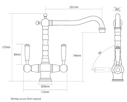 Caple HAD/AB Hadley Traditional Twin Lever Tap - Antique Brass