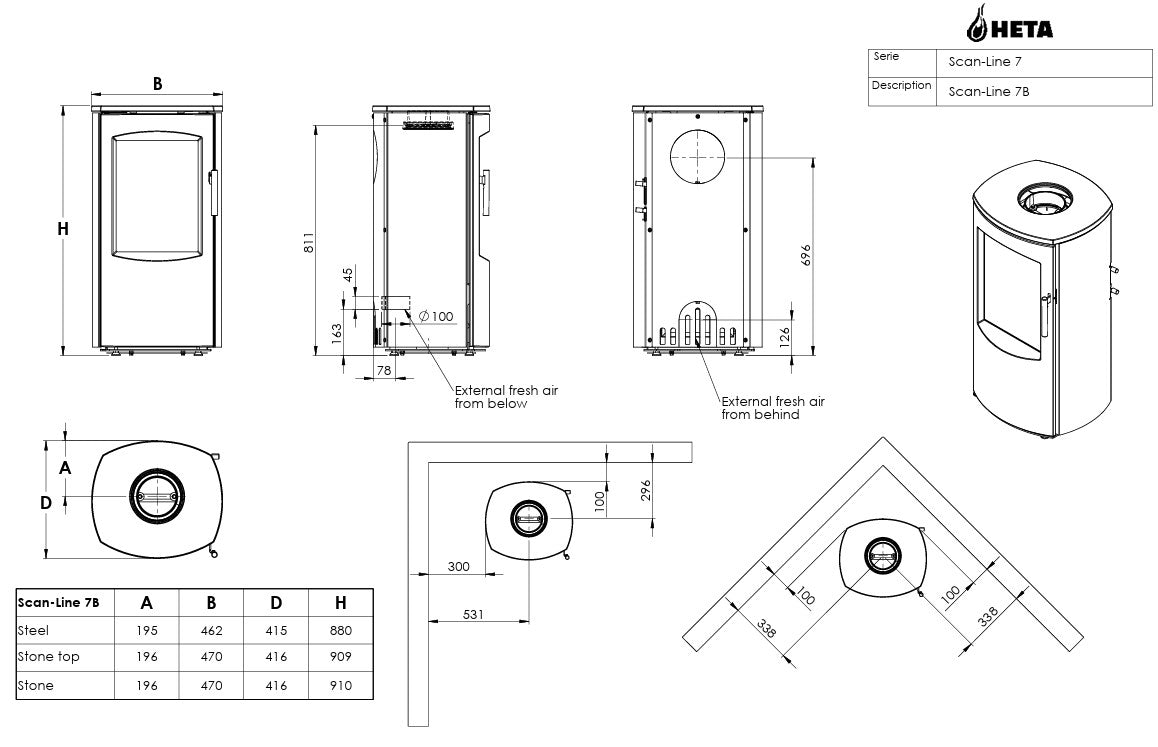 Heta Scan-Line 7B Woodburning Stove - Matt Black with Soapstone