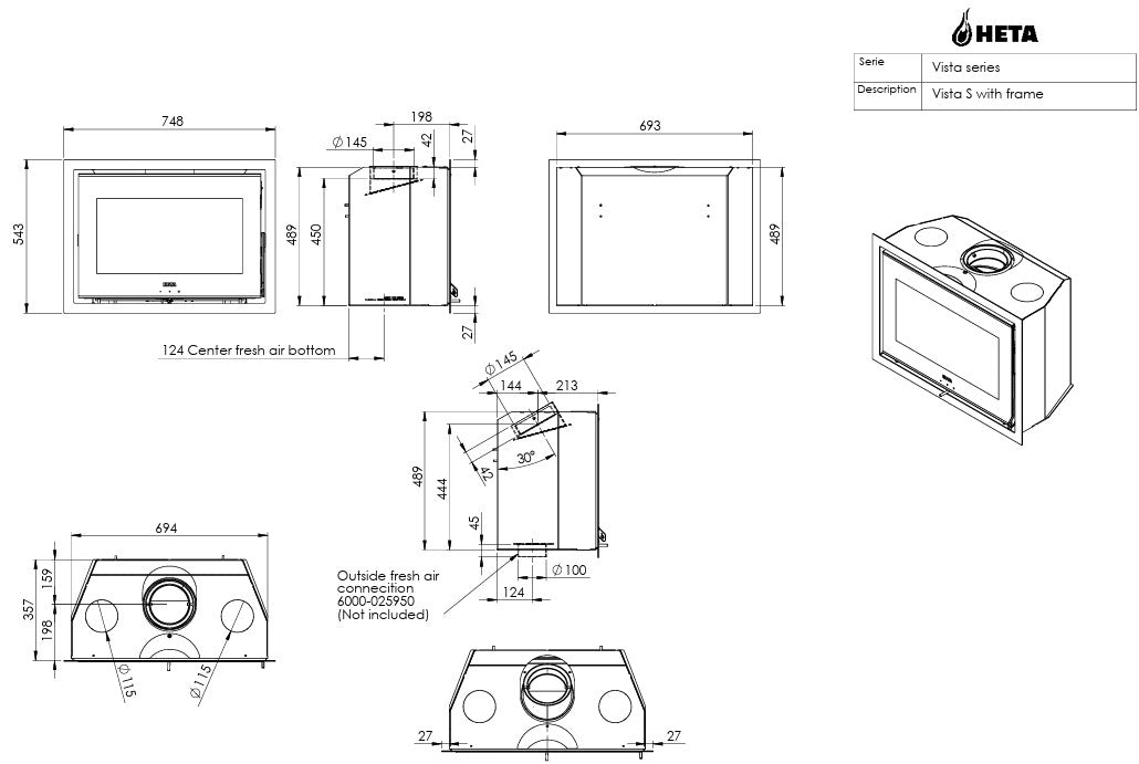 Heta Vista S Insert Woodburning Stove - Matt Black