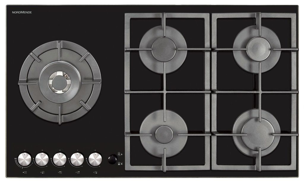 NordMende HGX903BGL 90cm Gas Hob with Cast Iron Pan Supports and Side Wok Burner Black Glass