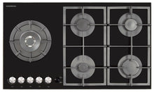 NordMende HGX903BGL 90cm Gas Hob with Cast Iron Pan Supports and Side Wok Burner Black Glass