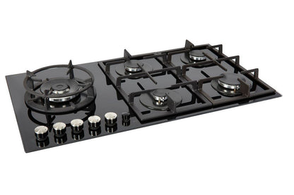 NordMende HGX903BGL 90cm Gas Hob with Cast Iron Pan Supports and Side Wok Burner Black Glass