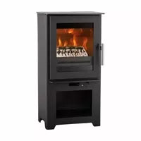Modern black freestanding electric fireplace with glass door on a white background