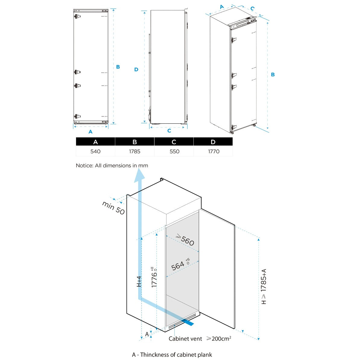 Midea MDRE306FGE01D NoFrost Built In Freezer - Sliding Hinge