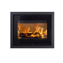 Modern electric fireplace insert with flames on a white background