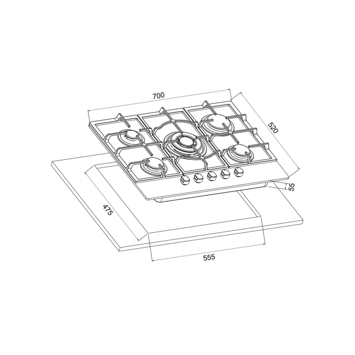 Cata UBGOG701BK 70cm Gas On Glass Hob - Black