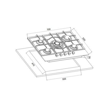 Cata UBGOG701BK 70cm Gas On Glass Hob - Black