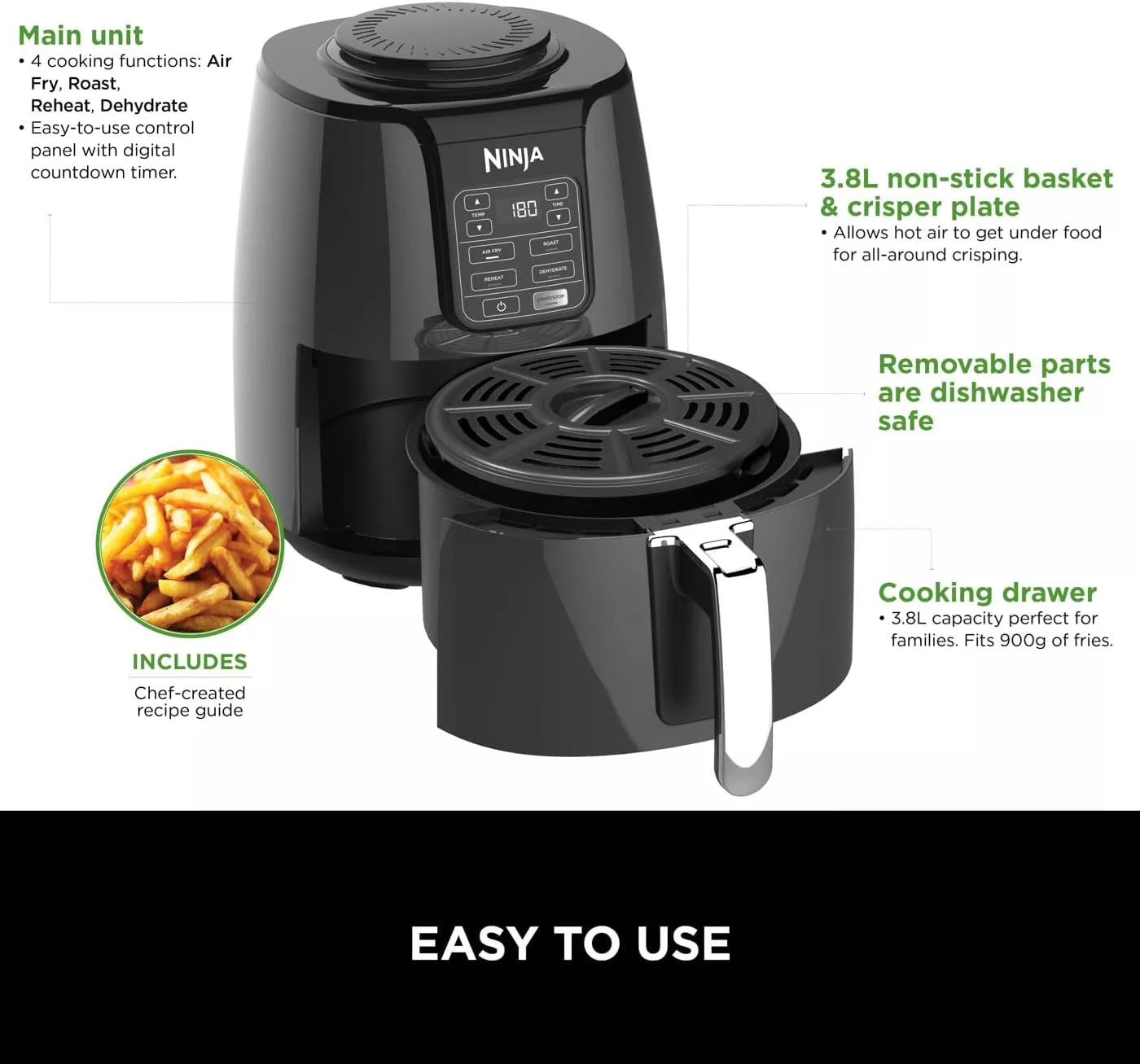 Ninja air fryer with features highlighted on a white background