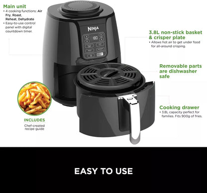 Ninja air fryer with features highlighted on a white background