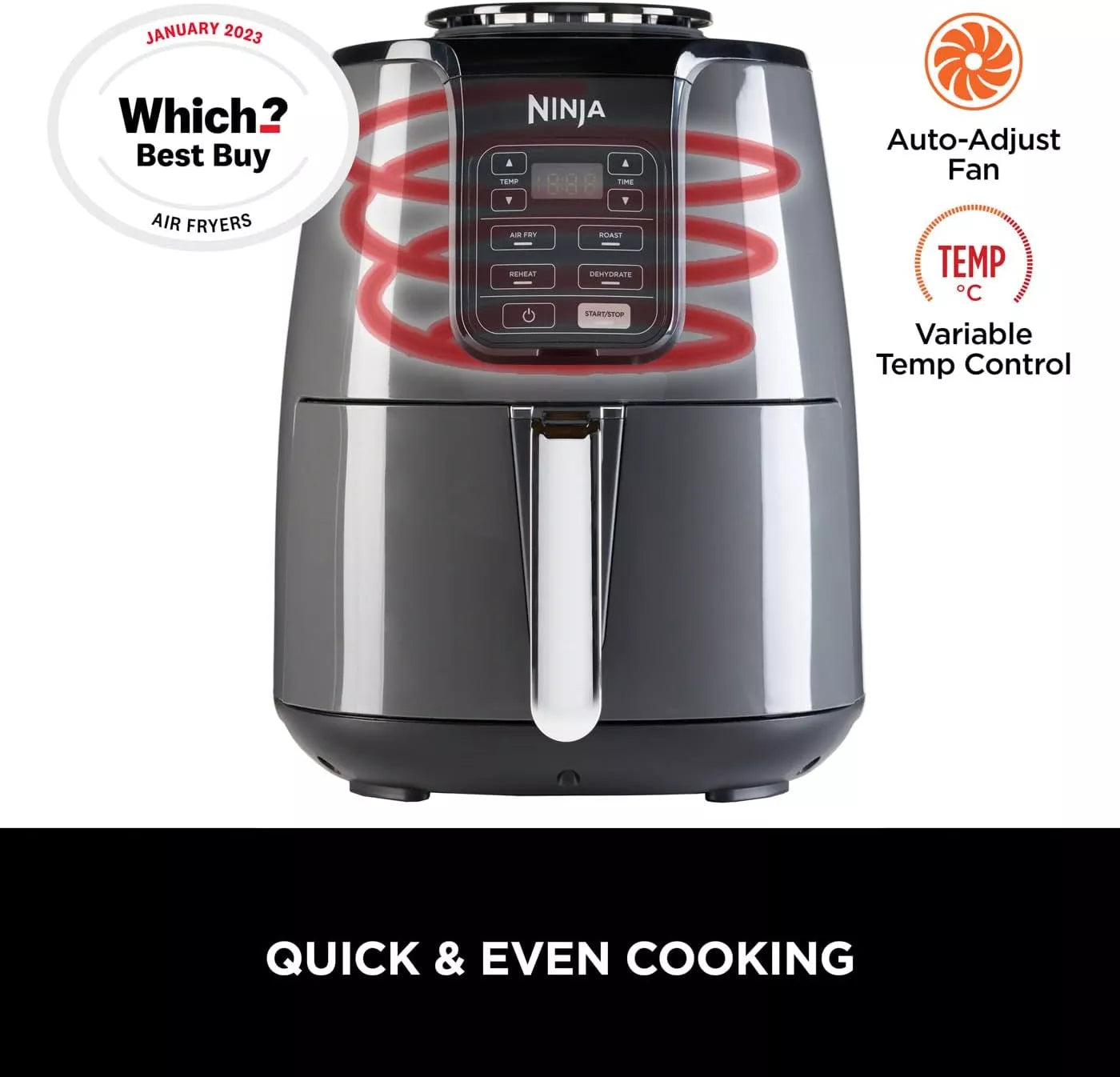 Ninja air fryer with features highlighted on a white background