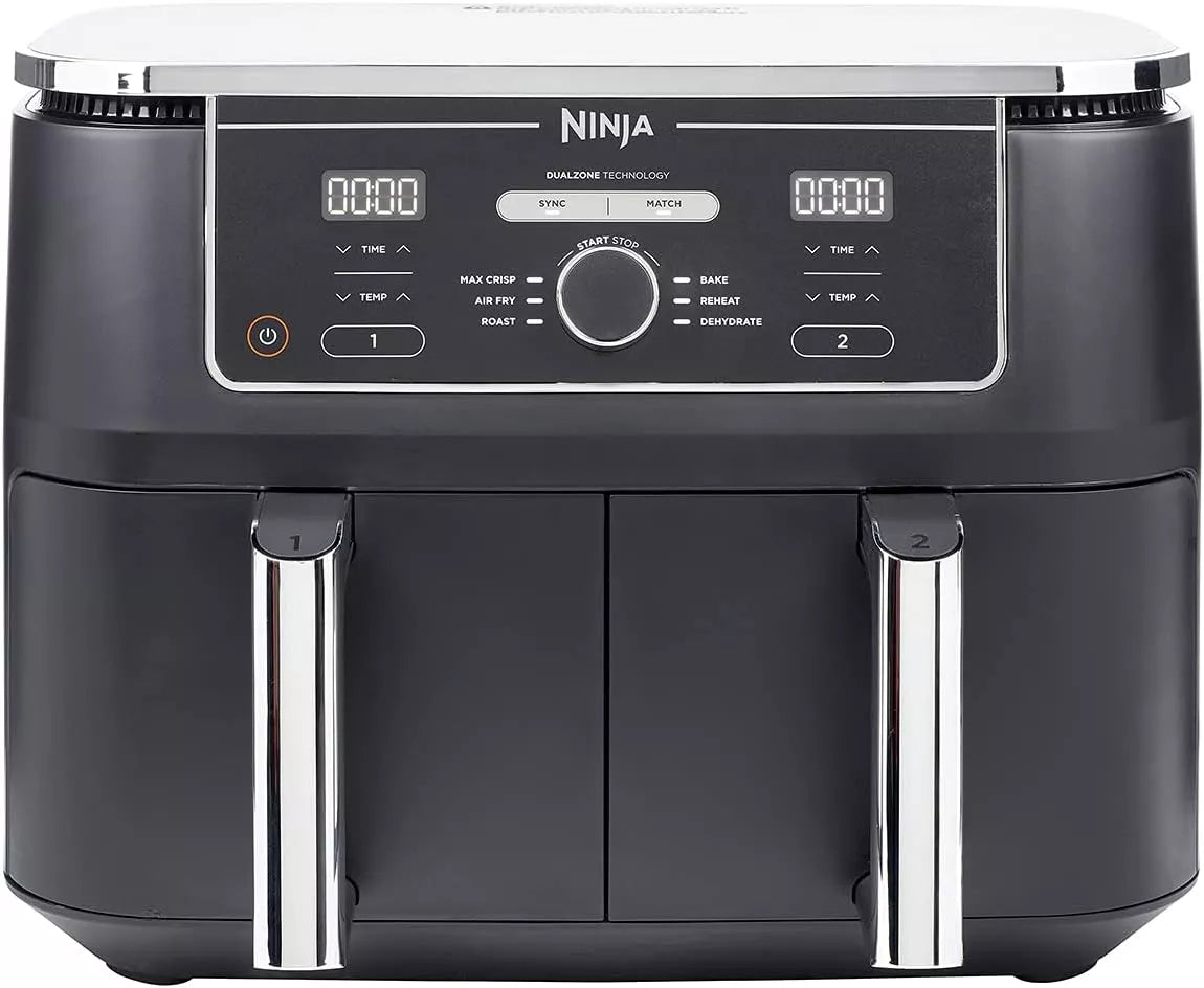 Ninja air fryer with digital control panel on a white background