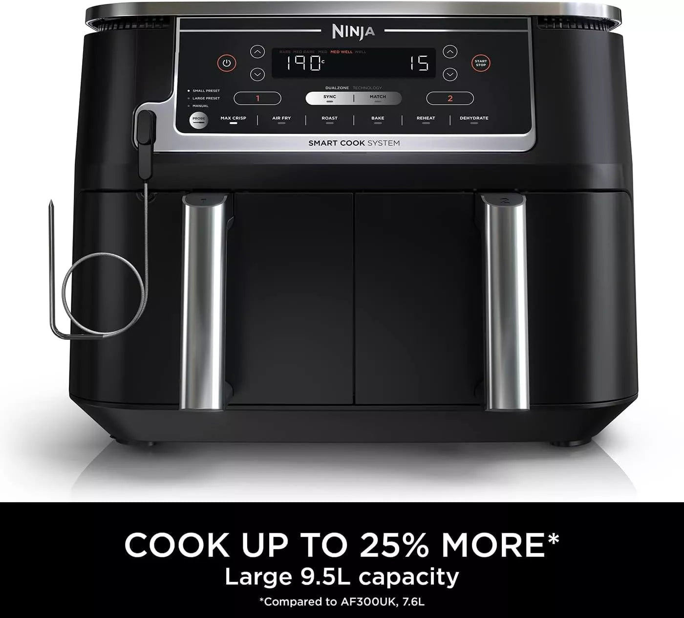 Black Ninja air fryer with digital display on a white background
