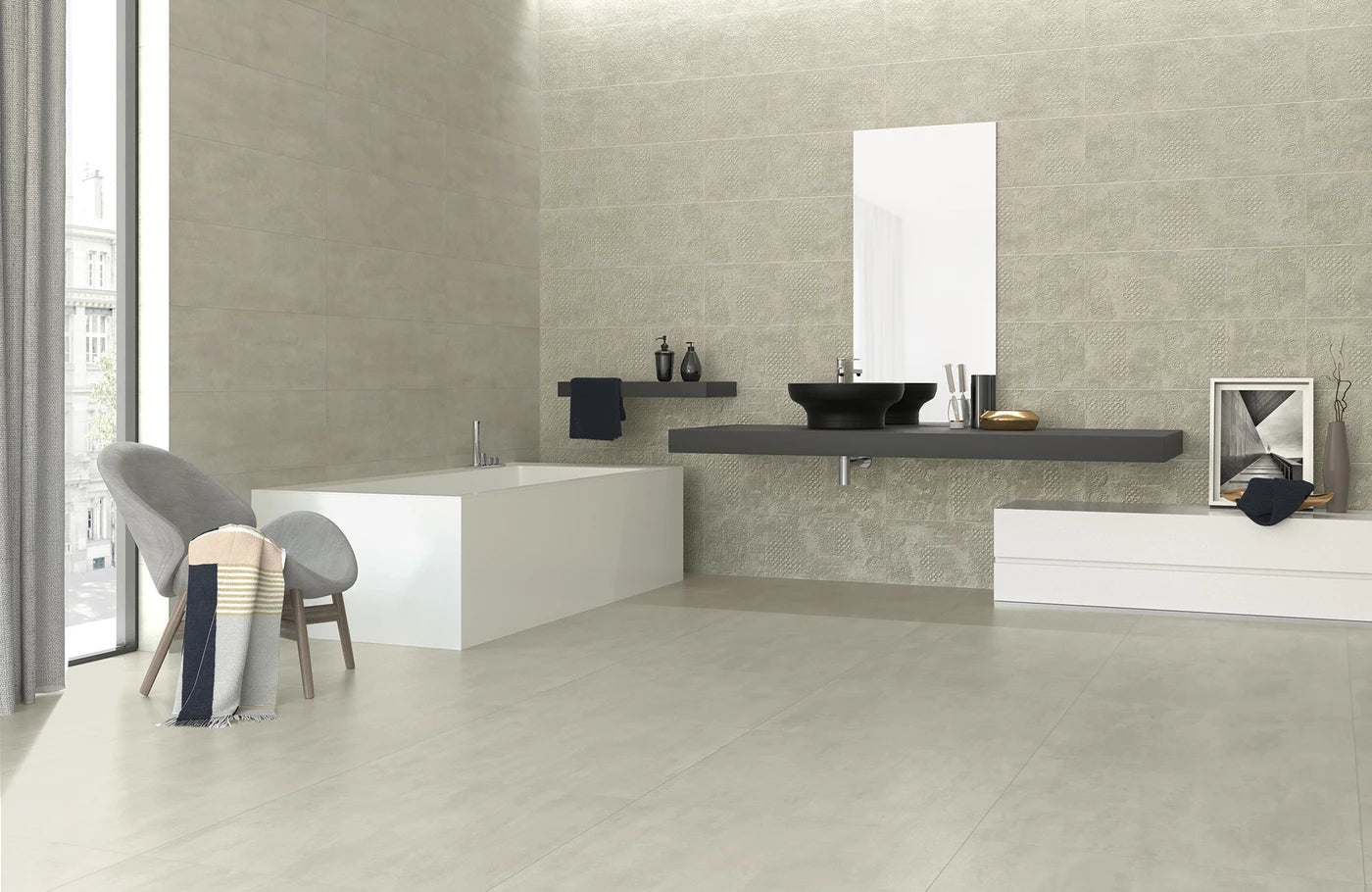 Modern bathroom with a sink, mirror, and bathtub.