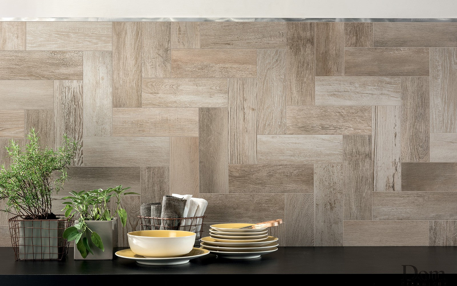 Wooden tile pattern on a wall with decorative items below
